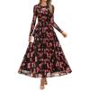 ZESICA Women’s Maxi Dress 2026 Spring Long Sleeve Crewneck Floral Print Mesh Ruched Party Wedding Guest Dresses(Pinkblack)