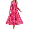 ZESICA Women’s Maxi Dress 2026 Spring Long Sleeve Crewneck Floral Print Mesh Ruched Party Wedding Guest Dresses(Rose)