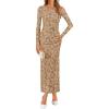 ZESICA Women’s Spring Floral Off Shoulder Bodycon Maxi Dresses 2026 Long Sleeve Ruched Elegant Cocktail Party Dress(Khaki)