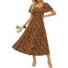 ZESICA Women‘s Summer Boho Floral Midi Dress 2026 Casual Short Sleeve Square Neck Flowy Beach Vacation Long Dress(Caramel)