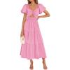 ZESICA Womens Summer Casual Flowy Vacation Maxi Dress 2026 Short Puff Sleeve A Line Smocked Cutout Beach Party Dresses(Hot Pink)