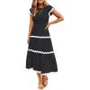 ZESICA Womens Summer Casual Smocked Midi Dress 2026 Flutter Short Sleeve High Waist Tiered Flowy Boho Vacation Dresses(Black)