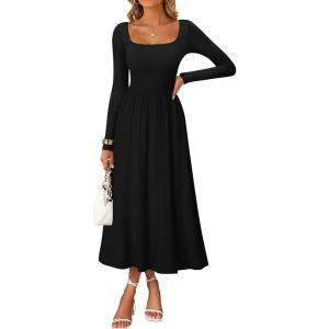 ZESICA Spring Dresses for Women 2026 Elegant Classy Square Neck Long Sleeve Flowy Wedding Guest Party Midi Dress(Black)