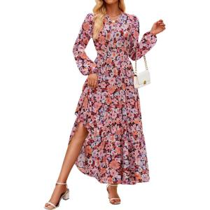 ZESICA Spring Dresses for Women 2026 Long Sleeve Boho Floral V Neck Empire Waist A Line Casual Flowy Wedding Guest Maxi Dress(Orange)