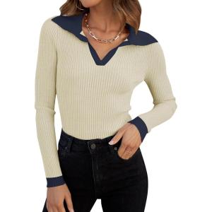 ZESICA Sweaters for Women 2026 Spring Long Sleeve V Neck Ribbed Knit Pullover Tops Casual Slim Fit Basic Tee Shirts(Apricot)