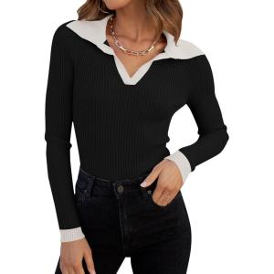 ZESICA Sweaters for Women 2026 Spring Long Sleeve V Neck Ribbed Knit Pullover Tops Casual Slim Fit Basic Tee Shirts(Dim)
