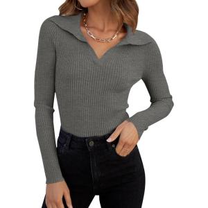ZESICA Sweaters for Women 2026 Spring Long Sleeve V Neck Ribbed Knit Pullover Tops Casual Slim Fit Basic Tee Shirts(Grey)