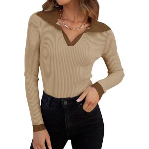 ZESICA Sweaters for Women 2026 Spring Long Sleeve V Neck Ribbed Knit Pullover Tops Casual Slim Fit Basic Tee Shirts(Khaki)