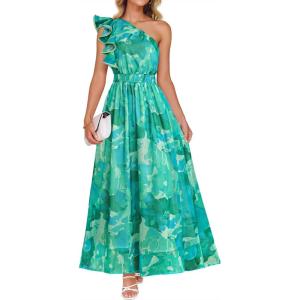 ZESICA Women’s 2026 Boho Floral Sleeveless Maxi Dress Ruffle One Shoulder Elatsic High Waist Beach Party Long Dresses(Green)