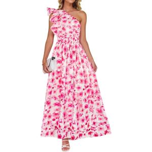 ZESICA Women’s 2026 Boho Floral Sleeveless Maxi Dress Ruffle One Shoulder Elatsic High Waist Beach Party Long Dresses(Hot Pink)