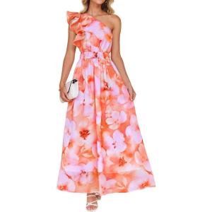 ZESICA Women’s 2026 Boho Floral Sleeveless Maxi Dress Ruffle One Shoulder Elatsic High Waist Beach Party Long Dresses(Orange)