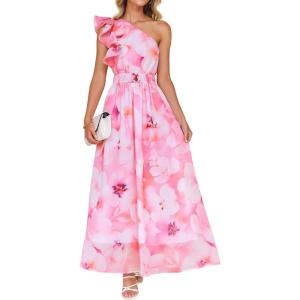 ZESICA Women’s 2026 Boho Floral Sleeveless Maxi Dress Ruffle One Shoulder Elatsic High Waist Beach Party Long Dresses(Pink)