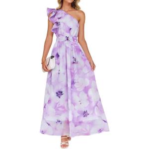 ZESICA Women’s 2026 Boho Floral Sleeveless Maxi Dress Ruffle One Shoulder Elatsic High Waist Beach Party Long Dresses(Purple)