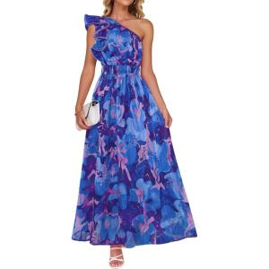 ZESICA Women’s 2026 Boho Floral Sleeveless Maxi Dress Ruffle One Shoulder Elatsic High Waist Beach Party Long Dresses(Royal Blue)