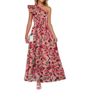 ZESICA Women’s 2026 Boho Floral Sleeveless Maxi Dress Ruffle One Shoulder Elatsic High Waist Beach Party Long Dresses(Vintage Pink)