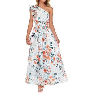 ZESICA Women’s 2026 Boho Floral Sleeveless Maxi Dress Ruffle One Shoulder Elatsic High Waist Beach Party Long Dresses(White)