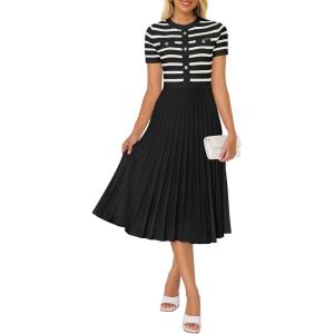ZESICA Women’s 2026 Casual Striped Midi Dress Crewneck Short Sleeve Button Ribbed Knit Swing Pleated A Line Dresses(Black)