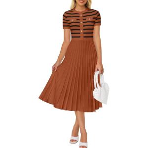 ZESICA Women’s 2026 Casual Striped Midi Dress Crewneck Short Sleeve Button Ribbed Knit Swing Pleated A Line Dresses(Caramel)