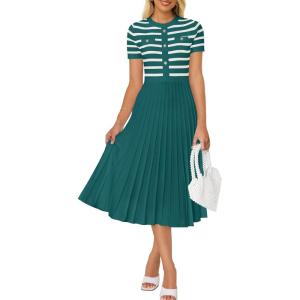 ZESICA Women’s 2026 Casual Striped Midi Dress Crewneck Short Sleeve Button Ribbed Knit Swing Pleated A Line Dresses(Darkgreen)