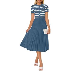 ZESICA Women’s 2026 Casual Striped Midi Dress Crewneck Short Sleeve Button Ribbed Knit Swing Pleated A Line Dresses(Dusty Blue)