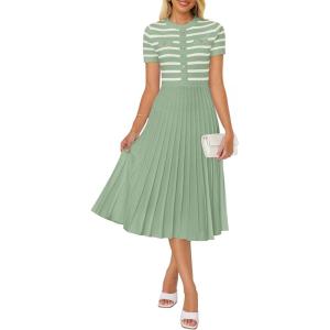 ZESICA Women’s 2026 Casual Striped Midi Dress Crewneck Short Sleeve Button Ribbed Knit Swing Pleated A Line Dresses(Light Green)