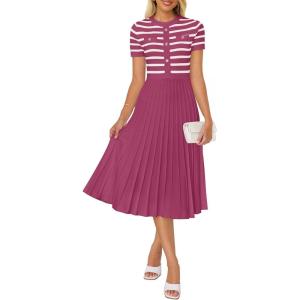 ZESICA Women’s 2026 Casual Striped Midi Dress Crewneck Short Sleeve Button Ribbed Knit Swing Pleated A Line Dresses(Plum)
