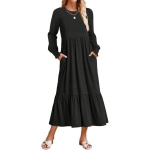 ZESICA Women’s 2026 Fall Long Sleeve Dress Crewneck Casual Loose Pleated Tiered Swing Midi Dresses with Pockets(Black)