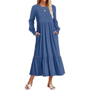 ZESICA Women’s 2026 Fall Long Sleeve Dress Crewneck Casual Loose Pleated Tiered Swing Midi Dresses with Pockets(Dustyblue)