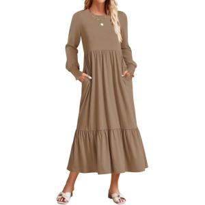 ZESICA Women’s 2026 Fall Long Sleeve Dress Crewneck Casual Loose Pleated Tiered Swing Midi Dresses with Pockets(Khaki)