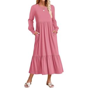 ZESICA Women’s 2026 Fall Long Sleeve Dress Crewneck Casual Loose Pleated Tiered Swing Midi Dresses with Pockets(Pink)