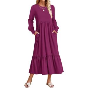 ZESICA Women’s 2026 Fall Long Sleeve Dress Crewneck Casual Loose Pleated Tiered Swing Midi Dresses with Pockets(Plum)