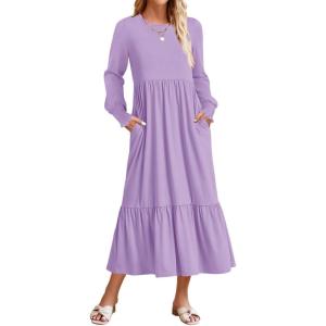 ZESICA Women’s 2026 Fall Long Sleeve Dress Crewneck Casual Loose Pleated Tiered Swing Midi Dresses with Pockets(Purple)