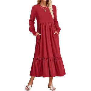 ZESICA Women’s 2026 Fall Long Sleeve Dress Crewneck Casual Loose Pleated Tiered Swing Midi Dresses with Pockets(Red)
