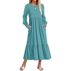 ZESICA Women’s 2026 Fall Long Sleeve Dress Crewneck Casual Loose Pleated Tiered Swing Midi Dresses with Pockets(Sage)