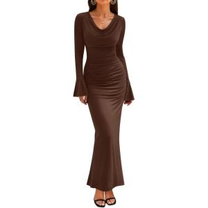 ZESICA Women’s 2026 Fall Long Sleeve Ruched Knit Bodycon Maxi Dress Cowl Neck Back Slit Formal Wedding Guest Cocktail Dresses(Brown)