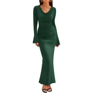 ZESICA Women’s 2026 Fall Long Sleeve Ruched Knit Bodycon Maxi Dress Cowl Neck Back Slit Formal Wedding Guest Cocktail Dresses(Dark Green)