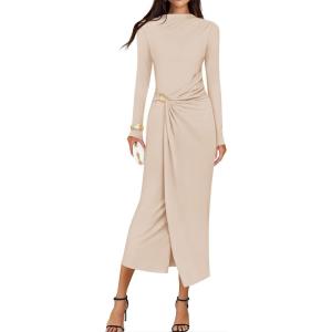 ZESICA Women’s 2026 Spring Long Sleeve Bodycon Dress Mock Neck Wedding Guest Cocktail Party Long Midi Dresses(Apricot)