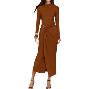 ZESICA Women’s 2026 Spring Long Sleeve Bodycon Dress Mock Neck Wedding Guest Cocktail Party Long Midi Dresses(Caramel)
