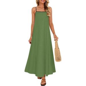 ZESICA Women’s 2026 Summer Boho Sleeveless Maxi Dress Spaghetti Straps Casual Flowy A Line Beach Party Long Dresses(Army Green)