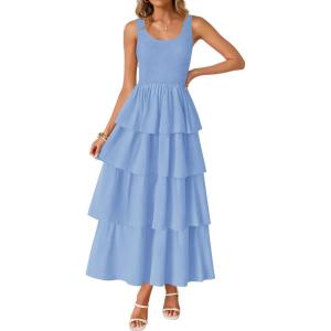 ZESICA Women’s 2026 Summer Boho Sleeveless Midi Dress Scoop Neck Ruffle Tiered Layered Swing Long Beach Vacation Dresses(Blue)