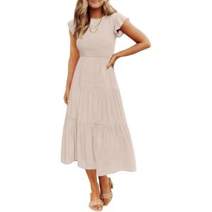 ZESICA Women’s 2026 Summer Casual Flutter Short Sleeve Crew Neck Smocked Elastic Waist Tiered Midi Dress(Apricot)