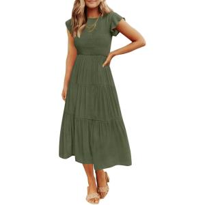 ZESICA Women’s 2026 Summer Casual Flutter Short Sleeve Crew Neck Smocked Elastic Waist Tiered Midi Dress(Army Green)