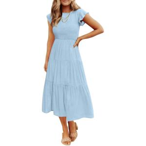 ZESICA Women’s 2026 Summer Casual Flutter Short Sleeve Crew Neck Smocked Elastic Waist Tiered Midi Dress(Blue)