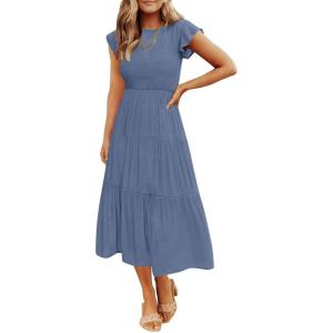ZESICA Women’s 2026 Summer Casual Flutter Short Sleeve Crew Neck Smocked Elastic Waist Tiered Midi Dress(Dusty Blue)