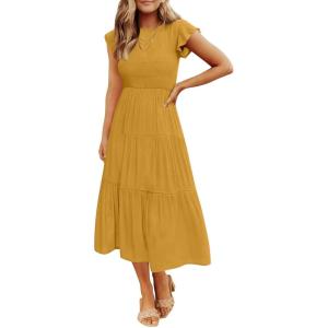ZESICA Women’s 2026 Summer Casual Flutter Short Sleeve Crew Neck Smocked Elastic Waist Tiered Midi Dress(Ginger)