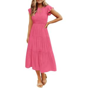 ZESICA Women’s 2026 Summer Casual Flutter Short Sleeve Crew Neck Smocked Elastic Waist Tiered Midi Dress(Hot Pink)