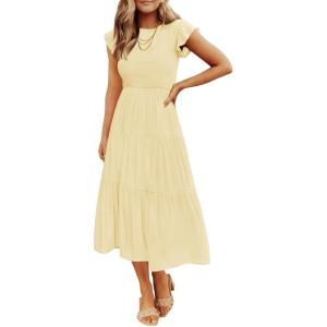 ZESICA Women’s 2026 Summer Casual Flutter Short Sleeve Crew Neck Smocked Elastic Waist Tiered Midi Dress(Light Yellow)