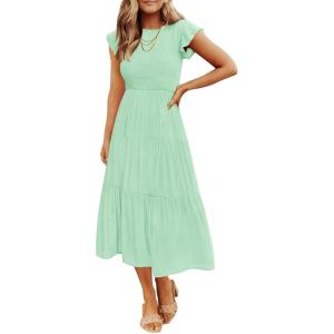 ZESICA Women’s 2026 Summer Casual Flutter Short Sleeve Crew Neck Smocked Elastic Waist Tiered Midi Dress(Mint)