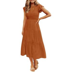 ZESICA Women’s 2026 Summer Casual Flutter Short Sleeve Crew Neck Smocked Elastic Waist Tiered Midi Dress(Orange)