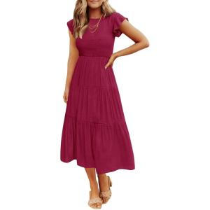 ZESICA Women’s 2026 Summer Casual Flutter Short Sleeve Crew Neck Smocked Elastic Waist Tiered Midi Dress(Plum)